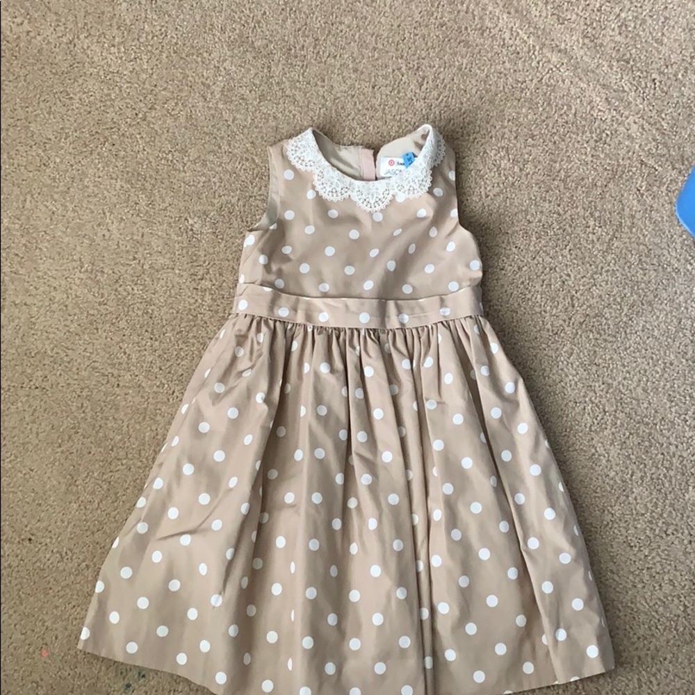 Girls’ white and tan polka dot dress